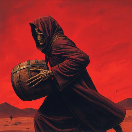 Dark art Side view of an cloaked ominous monk from the 70s-style pulp paintings is running fast while cradling a wooden whiskey barrel in his arms in a possesive way, The sky is red and otherworldy. The monks grinning skeletal face is barely visible. Duotone: Burnt orange and deep plum. Mood: Occult ritual meets 80's crinkled concertposter art style. Grim reaper, doom metal-style, gritty, desert ritual, tales from the crypt