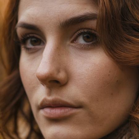 orange autum blossom in her hair, skin roughness, (closeup:2), (warm friendly looks), (taking a walk), ((arched eyebrows)), striking face, ((prominent nose)), (portrait:2),26 year old woman, wavy auburn bob ,natural skin, looking away, full lips, brown eyes,, (soft warm light), forest, (((fog))), , autumn,  (cinematic, film grain:1.1, bokeh), open cozy beige pullover, beige scarf, sunset,
