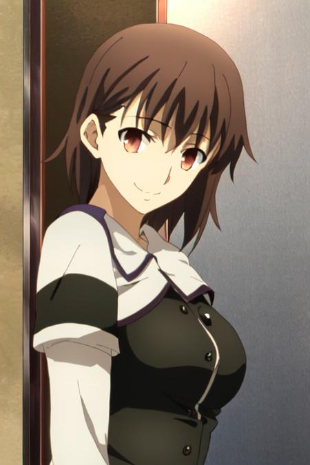 ufotable screen cap, portrait, looking at viewer, 1girl, medium hair, medium breasts, smile, brown hair, red eyes, <lora:style-ufotable:0.85>