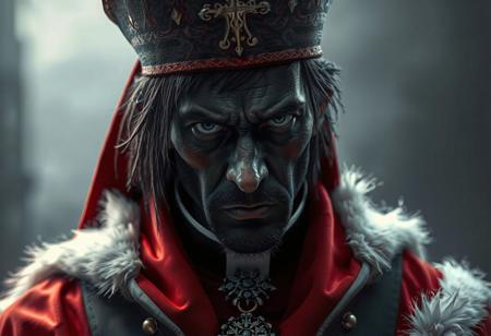 A , highly detailed portrait of a priest in a dark red and black robe, with white fur trim and dark skin, exuding doubt and exasperation. A Catholicpunk influence is evident, with a mitre and ornate denning. The richly defined face and collar, along with the photo of Sephiroth, add intrigue. The image is 4K, high-resolution, with sharp focus, vivid colors, and cinematic lighting. Trending on CGSociety, Artstation, and Behance, this artwork showcases exceptional quality, precise detail, and a powerful message. The priest's doubtful expression and the image of Sephiroth create a captivating and thought-provoking contrast.