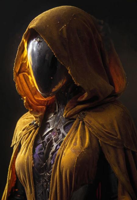 AtomicHeartTwinsCosplay in absolute darkness, profoundly no light, 
pointed hat, translucent skin, amazing quality, masterpiece, best quality, hyper detailed, ultra detailed, UHD, perfect anatomy, portrait, dof, hyper-realism, majestic, awesome, inspiring, closeup, an weathered outworn old Fantasy cape, smooth, Closeup, rust paint peelz, atmospheric haze, cinematic composition, soft shadows, national geographic style, yellow and purple electric sparks, crawling on four, looking at viewer