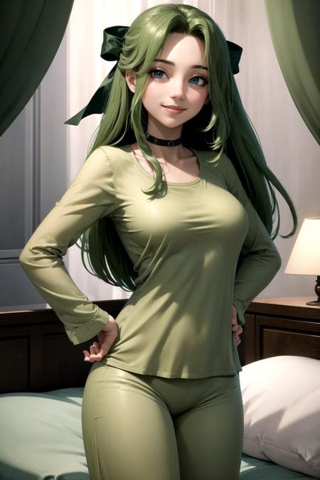 Fia_(riviera), 1girl, long_hair, solo, very_long_hair, <lora:RtPL-FiaV1:0.7>, smile, hands_on_hips, pajamas, bedroom, bed, hair_bow, collar, green_hair,, beautiful, (masterpiece:1.2), (best quality:1.2), perfect eyes, perfect face,<lora:perfectfingers:1.0>