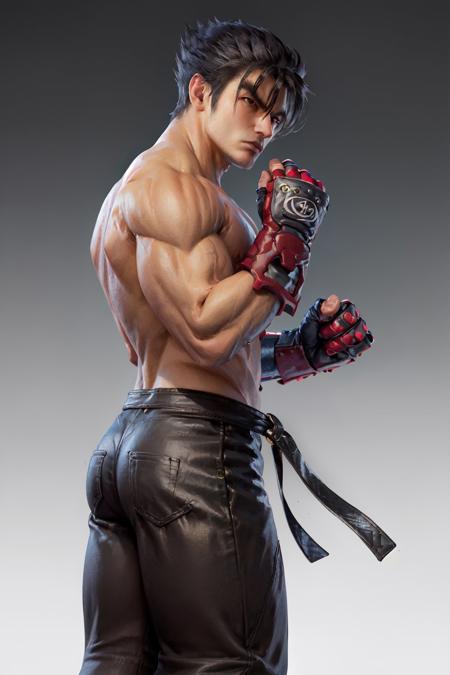 (masterpiece, best quality:1.2), <lora:tekken_kazama-10:0.9>, cowboy shot, solo, male focus, 1boy, kazama jin, topless male, serious, closed mouth, pants, fingerless gloves