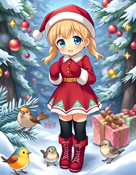 The image is an exquisitely rendered Anime Christmas scene of a cute young girl wearing red mittens, a Santa Dress with zettai ryouiki black thighhigh socks and red boots, she has blonde hair in twintails, and blue eyes. The blonde girl is in a whimsical decorated christmas pine forest and cute birds are on the ground around her, she is wearing a santa hat, her saami inspired clothes have a simple zigzag geometric border with teal triangles, the girl is looking at cute songbirds, small christmas presents, she is smiling, sparkle