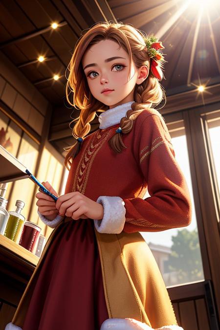 Masterpiece, best quality, realistic, 1girl, (face focus:1.4), red (french braid:1.2), santa claus outfit, (intricate lace:1.1), art by Style-Empire, art by Style-Empire, small breasts, cleavage, (from below:1.2), (cowboy shot:1.3), sunny backlighting, (medieval tavern:0.9), art by Style-Tavern, (bloom:1.1), (light sparkles:1.2), (chromatic aberration:1.0), (shallow depth of field:1.3), (lens flare:1.2), looking at viewer, (dutch angle:1.0), perfect feminine face, (volumetric lighting:1.0), (detailed:1.0), (photorealistic:1.0), digital painting, (sharp:1), (realistic:1.0), cleavage