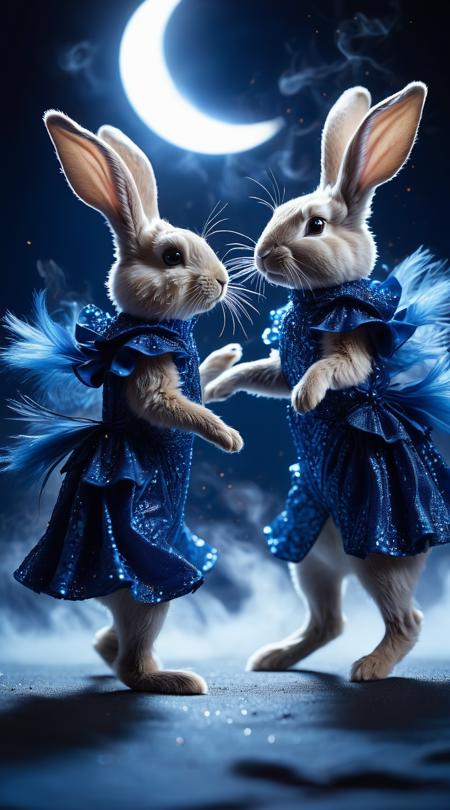 Moon-glittered rabbits, preparing for a journey, Twilight blue, blustery with strong winds, contrasting light and dark, vertical overhead shot, tight close-up on details, kinetic motion emphasis, billowy smoke wisps, sequined costume sparkles, negative space isolation, vignette edge darkening.
