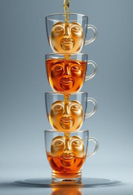 "Create a breathtakingly realistic digital artwork featuring a towering stack of delicate, transparent cups, each one perfectly aligned and balanced on top of the other. Each cup should contain a unique, intricately detailed glass face, crafted with precision and care to capture the subtleties of human emotion. The glass faces should be rendered in exquisite detail, with visible texture and subtle shading that captures the gentle curves and subtle imperfections of the glass. A cascade of rich, velvety liquid should flow from the top cup, pouring down through each successive cup in a mesmerizing, golden stream. Each face should be a unique and distinct, with its own expression and character, from serene to joyful, to playful. The liquid should be depicted in stunning detail, with visible ripples and subtle reflections that capture the play of light on its surface. The overall effect should be one of enchanting realism, as if the viewer could reach out and touch the delicate cups and feel the cool, refreshing liquid flowing down." Highest-Quality, 4k, intricate details, visually stunning, Masterpiece