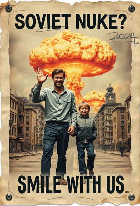 “A decayed, vintage-style poster from 2024, weathered and torn, depicting a surreal and apocalyptic scene in a contemporary setting. The faded image shows a man (the father) and his young son, both in modern clothes. The father holds the son’s hand with one hand, while making an exaggerated ‘OK’ sign with his other hand, his wide, mad smile radiating an eerie and unsettling charm. In the far background, a massive nuclear mushroom cloud rises ominously, with fiery orange fireballs at its base and visible blast waves rippling through the urban landscape. The scene is set in a desolate, abandoned city, with ruined buildings and empty streets. The poster’s bold text, ‘SOVIET NUKE?’ across the upper section and ‘SMILE WITH US’ in the lower section, is faded, smeared, and inked with scribbles and stains. The paper appears rotten, with tears, creases, and discolored edges, contributing to the haunting, post-apocalyptic atmosphere of the piece.”