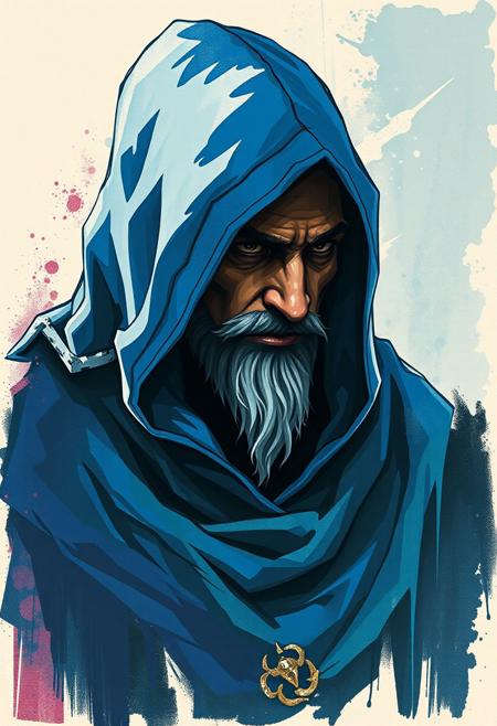 Hooded wizard, blue hood, rendered with bold, expressive smudges and unfinished strokes, art nouveau