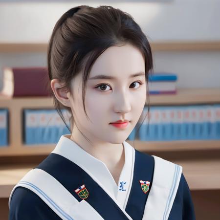 low-angle-shot,1 girl, perfect face,Kawaii ,student,school uniform,classroom, best quality, intricate details, chromatic aberration,(realistic, photo-realistic:1.37),physically-based rendering,radiosity,professional lighting, photon mapping,<lora:è¶çé£FilmVelvia3:0.68>,<lora:xxmix9_lyf_sdxl_a100_v7:0.9>,