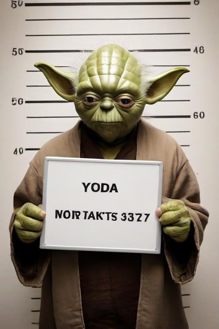 Masterpiece,High Quality,
 <lora:PE_MugShot:0.8> PEMugShot,holding a sign,
yoda from star wars