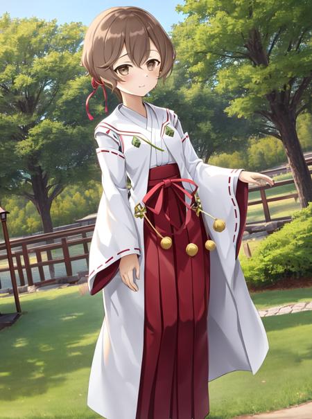 (outdoor activity),
 <lora:Fujimori_Mito-10:0.7>,1girl, solo,short hair, skirt,brown hair, ribbon, brown eyes, hair ribbon, japanese clothes, wide sleeves, hakama, hakama skirt, crossdressing, miko,long red hakama