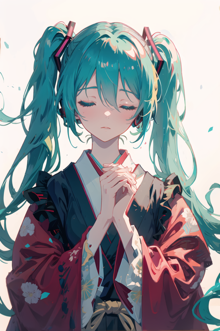 hatsune miku, masterpiece, absurdres, upper body, clenched hands, frustrated, closed eyes, simple background, Japanese clothes, kimono, pov, pov hands,