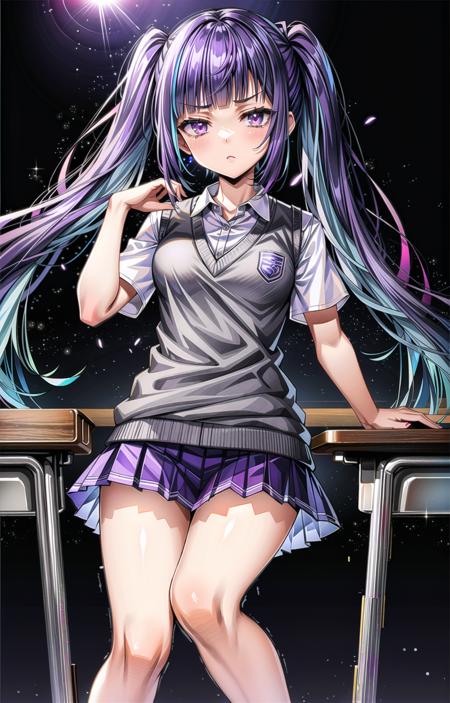 (masterpiece, top quality, best quality, official art, beautiful and aesthetic:1.2),(8k, best quality, masterpiece:1.2), 1girl, solo, Yuki Himeno, Himeno Yuki, (looking at the viewer, cowboy shot:1) (purple hair:1.5, blue hair, twintails, streaked hair, multicolored hair, blunt bangs:1.5), (purple eyes, shining purple eyes:1.3), [apathetic, emotionless, expressionless, bored:1.2], [medium breasts:1.3], [sexy, mature:1], (school uniform, red pleated skirt, grey sweater vest, white shirt, knee:1.25), <lora:more_details:.5>, <lora:YukiLora-05:.6>