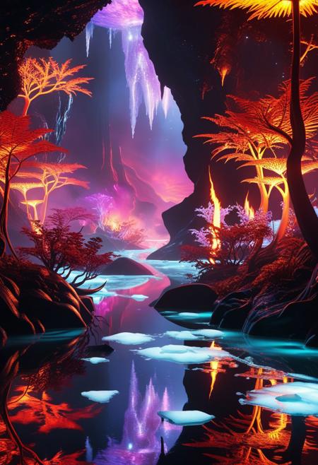 Ultrarealistic. sharp focus, dynamic lighting. play of light, reflection, refraction, Raytracing, Ultra detailed. Alien themed. Alien scenery. alien scenery background. alienworld. An alien fire dragon surrounded by ice.enchanting, cosmic, celestial, ethereal, vibrant flora, magical, luminous, serene, dreamy, radiant, bioluminescent, intricate details, surreal, enchanted forest