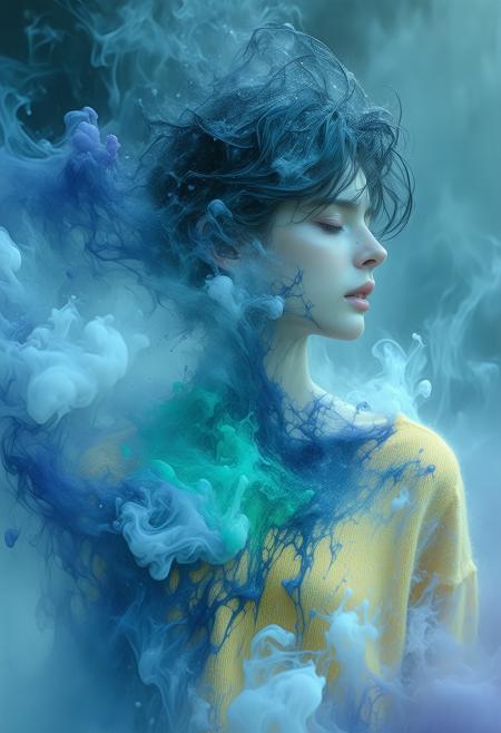 windswept brunette, alabaster skin, fractured by crystalline sugar highlights, swirling inky chaos, yellow wool jumper against liquid gloss.
Impasto oil textures; molten sugar crystallizes on her collarbone. mist clings to her silhouette, dissolving into fractal patterns.
Suspended ink droplets — crushed lavender-red streaks.
Bruise-toned gradients clash with ethereal pastels, depth amplified by anamorphic lens distortion. volatile metamorphosis.
