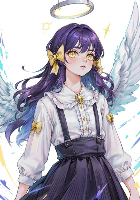 Enjel broach, white shirt, overalls, hair bow, purple skirt yellow eyes, purple hair