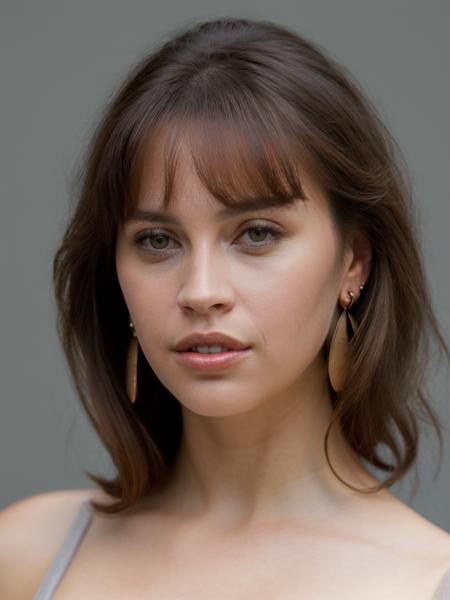 Realistic photo of a beautiful f3l1c1tyj-v1 woman, 1girl, solo, long hair, looking at viewer, simple background, brown hair, brown eyes, jewelry, upper body, earrings, grey background, lips, realistic, nose, soft lighting, professional Photography, Photorealistic, detailed, RAW, analog, sharp focus, 8k, HD, high quality, masterpiece<lora:f3l1c1tyj-v1:1.0>