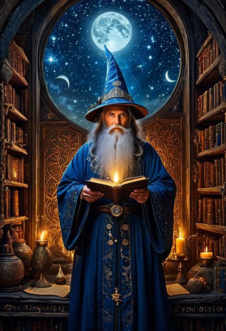 In a grand, ancient tower filled with dusty tomes and magical artifacts, a venerable wizard stands with a majestic presence, his long, grey beard flowing down to his waist and his eyes twinkling with ancient wisdom, atop his head rests a tall, pointed hat adorned with mystical symbols and runes that shimmer in the candlelight, he wears a deep blue robe embroidered with silver stars and moons, holding a gnarled staff topped with a glowing crystal, the room around him is filled with shelves of ancient books, bubbling potions, and enchanted objects, a large, circular window behind him reveals a night sky filled with stars and a glowing crescent moon, casting a serene glow over the scene, magical orbs of light float in the air, illuminating the intricate carvings and sigils on the walls, the air is thick with the scent of old parchment and herbs, as the wizard prepares to cast a powerful spell, his expression one of focused determination and profound knowledge.