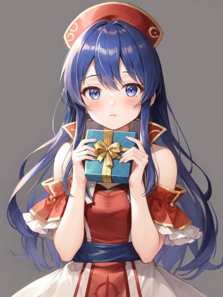 <lora:Lilina_FE-10:0.9>, lilina fe, 1girl, solo, looking at viewer, blush, simple background, hat, dress, holding, box, gift, gift box, holding gift