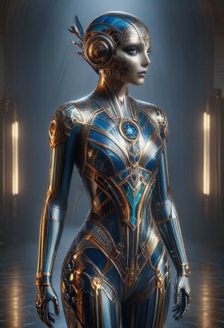 a beautiful brunette tron cyborg siren wearing a latex fantasy art deco alien bodysuit with neon glowing blue piping, age-53, standing straight in a rainbow-colored digital fantasy art deco ballroom, (high camera angle, tilt-shift lens:0.9), ais-artdeco