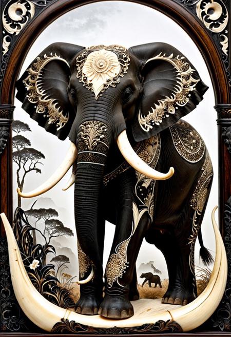 an African elephant adorned with ebony and ivory inlays, scrimshaw style, intricate engraved patterns on tusks and body, majestic posture, black and white ornamental contrast, hyper-detailed textures, carved bone and wood aesthetic, surreal and regal presence, tribal elegance, photorealistic lighting, standing in a misty savanna, fantasy realism, sdxl style