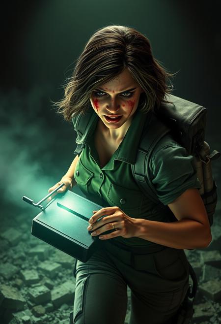 A beautiful woman from the Resident Evil era, wearing military uniform, dim flashlight beam, set in quarantined biohazard zone, with bloody typewriter, sprinting through rubble, with a face twisted in pain, close-up of blood-splattered face, surreal green fog filtering the light, with a backpack full of supplies. the last bullet, the final scream, no one coming to help