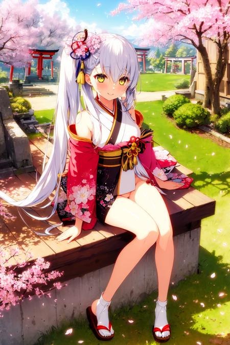 ((masterpiece,best quality)), (1girl, solo), white hair, side ponytail, yellow eyes, bare legs, cherry blossoms, day, flower, hair ribbon, japanese clothes, kimono, long hair, looking at viewer, smiling, obi, outdoors, sandals, stairs, sitting, statue, torii, tree, thighs, microskirt, barefoot sandals, (no panties), facing viewer, <lora:tsubaki V1.4:1>