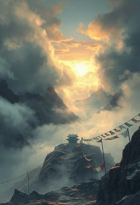 Cinematic anime view of a mountain pass at dawn, thick rolling fog shifting slowly around tall peaks, distant shrine barely visible through the mist, sunlight beginning to push through the clouds, cold wind rustling loose prayer flags, rich greys, blues, and golds dominate, atmospheric and spiritual tone.