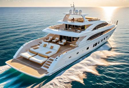 A sleek, white yacht cut through the azure waters, leaving a trail of foamy white in its wake. The sun bathes the deck in a warm, golden glow. Young people enjoy the luxurious amenities on board. Plush, cushioned sun loungers beckon with the promise of soaking up the sun's rays. A shaded bar area offers respite from the heat with refreshing drinks and cool breezes. The endless expanse of the ocean creates a sense of freedom.