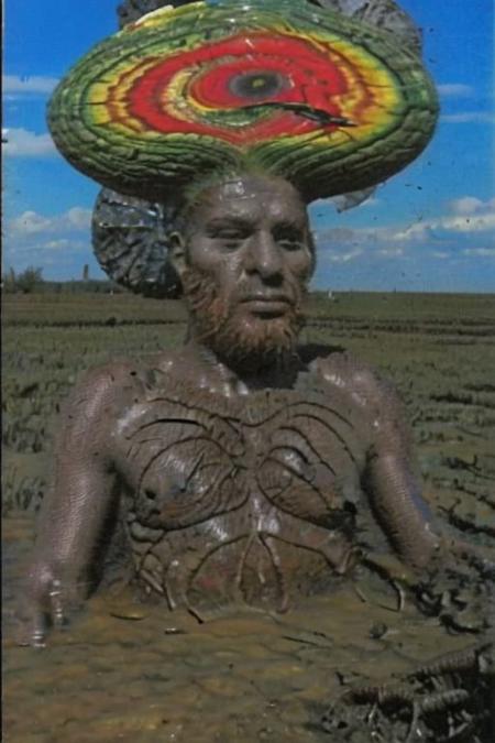 Weirdcore upper body and face of <ffurian> male face on mud on african ground,  (face portrait 1.6) palm trees, 90VHS, (ffurian man with beard 1.1) (y2k aesthetic 0.8), ms paint style <lora:ms-paint-lora:1> (rainy weather 1.2), the matrix movie, <lora:y2kaesthetic:0.7>, half0ster, organic sculptures