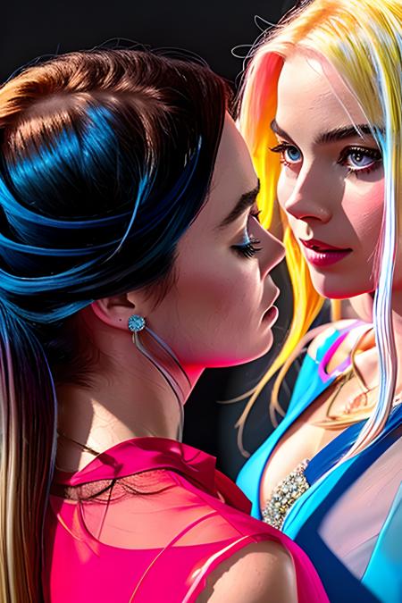 Neon, 8K, photo, highly-detailed, taken from side view, 2 girls standing face to face, wearing a sheer blue dress with blonde hair AND wearing a tight red dress with (black hair:1.1), shy and blushing expression, [Margot Robbie|Brie Larson], cleavage, in a surreal and dreamlike setting, with soft pastel colors<lora:beautifulDetailedEyes_v10:0.9>