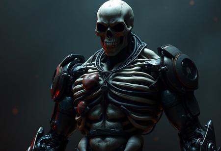 Create a highly detailed, 3D render of a muscular, male undead cyborg with exposed bones and black armor, in the style of Beksinski, Moebius, and Greg Rutkowski. The cyborg should be connected to heart machines, have a large bust, and be depicted in a dark, eerie atmosphere reminiscent of the Souls series. Incorporate elements of Transmetal II and Berserk, and ensure the artwork is SFW. The style should be a mix of remodernism and cyber octane render, with an Unreal Engine aesthetic. The final output should be a large, intricate artwork.