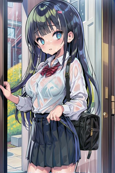 masterpiece,highly detailed,doorframe,wooden door,(dark_sky),1girl, bag, bangs, black_hair, blue_bow,black knee-length socks, blush, bow, bowtie, bra, bra_visible_through_clothes, breasts, cowboy_shot, long_hair, looking_at_viewer, medium_hair, one_side_up, outdoors, panties, pleated_skirt, rain, school_bag, school_uniform, see-through, shirt, skirt, skirt_lift, solo, thighs, underwear, wet, wet_clothes, wet_hair, wet_shirt, white_bra, white_panties, white_shirt,wringing_clothes