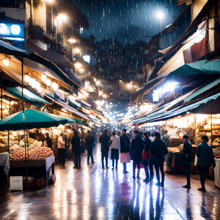 photo, a group of people standing around a market at night rain soaked street  (Marketplace style:1) <lora:djzMarketplaceV21:1>