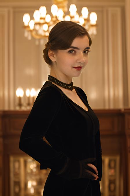 Photo of lidiasav, Russian girl, classic 1920s style, wearing stylish jacket over long sleeve formal sheath dress, candid, closeup face shot, staring into lens teasing, seductive, grin, chandelier light, updo hair, ballroom background