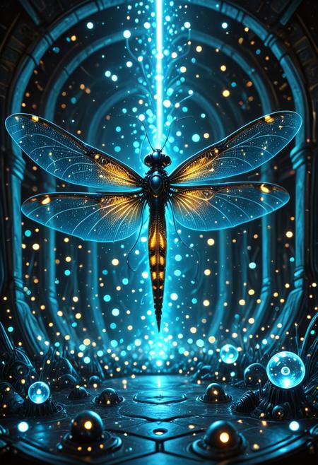 A great illustration sketch of a dragon fly, bokeh, looking at viewer, Bioluminescent World, simple background, masterpiece, absurdres, vibrant,  steampunk indoor ball room setting, dynamic angle, dynamic pose, dramatic light, highly detailed, high resolution textures, ultra high resolution, futuristic, biomech vibes, mobe-cybideen,