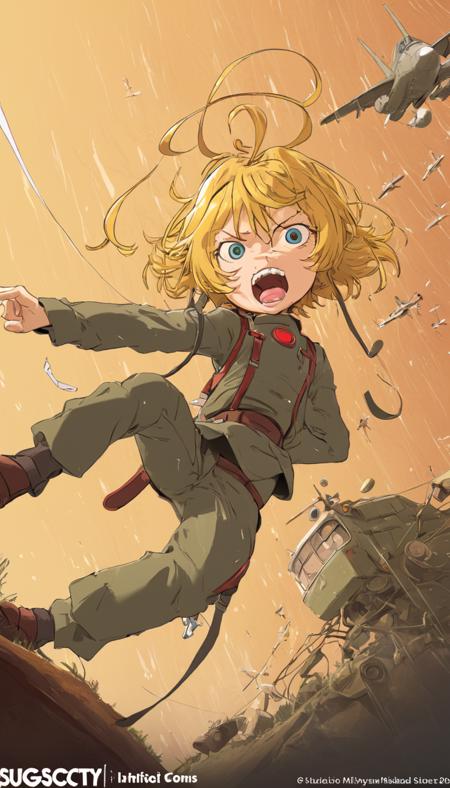 Cinematic scene, hero view, Tanya Degurechaff, Youjo Senki <lora:tanya_degurechaff_xl_v5:1>, action pose, masterpiece, best quality, high quality, highres, absurdres, (Studio ghibli style, Art by Hayao Miyazaki:1.2), Anime Style, Manga Style, Hand drawn, cinematic, Sharp focus, humorous illustration, big depth of field, Masterpiece, concept art, trending on artstation, Vivid colors, Simplified style, trending on ArtStation, trending on CGSociety, Intricate, Vibrant colors, Soft Shading, Simplistic Features, Sharp Angles, Playful