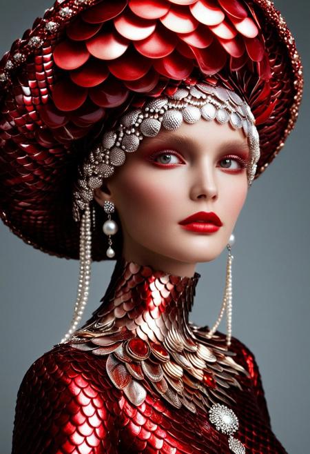 Create a fp1 high fashion editorial photograph of a stunning blonde model with wide hips wearing an extraordinary haute couture design crafted from artfully arranged scales. The gown should feature a gradient of scaleboundsdxl scales with blood-red and crimson at the neckline, transitioning to deep burgundy and ruby at the bodice, then flowing through pearl-white with rose-gold undertones, finally ending in black toward the trailing hem. Each scale should be meticulously placed to create organic patterns that accentuate the model's silhouette while catching light in mesmerizing ways. She is wearing an extraordinary hat resembling a scaleboundsdxl jellyfish. The hat should be  crafted entirely from scales in shades of vermilion and garnet that catch and reflect light in mesmerizing patterns. The dome of the hat should mimic a jellyfish's bell with tendrils  cascading around the woman's shoulders and framing her face. Include sculptural earrings resembling stylized fish fins rendered in metallic red, and an avant-garde clutch purse adorned with precious scales in ruby and carnelian hues. The lighting should create dramatic shadows while highlighting the fiery reflections from the red scales, suggesting both luxury and danger. The overall composition should evoke the refined aesthetic of Vogue or Harper's Bazaar, photographed with the technical brilliance of Paolo Roversi or Tim Walker, creating an image of absolute luxury and high fashion artistry.