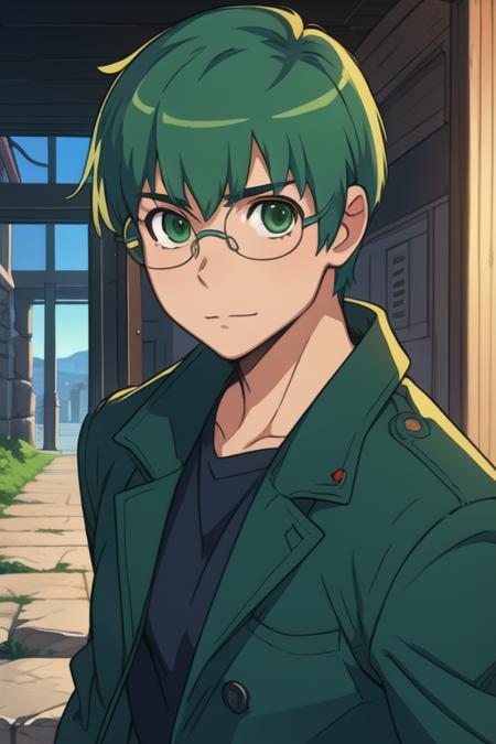 masterpiece, best quality, game cg, 1boy, solo, male focus, looking at viewer, , , <lora:yuusaku_kitamura:0.70>, yuusaku_kitamura, green hair, green eyes, short hair, glasses, pea coat, homburg, ancient greece,