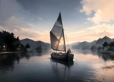 masterpiece, highres, <lora:vagabond-15:1> vagabond, sailboat, sun,  lake