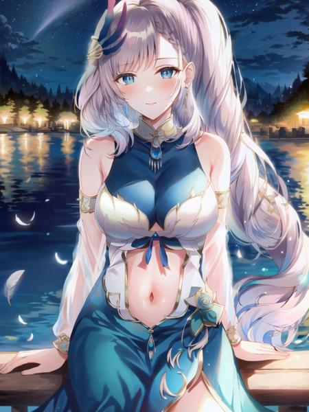 unparalleled masterpiece, 4k, (best quality:1.4), (highly detailed:1.4), detailed shadows,a picture of (reine-main-outfit), sitting on bench, beautiful lake, starry night sky, blue dress, feather hair ornament, navel cutout,side ponytail, <lora:Pavolia Reine:1>