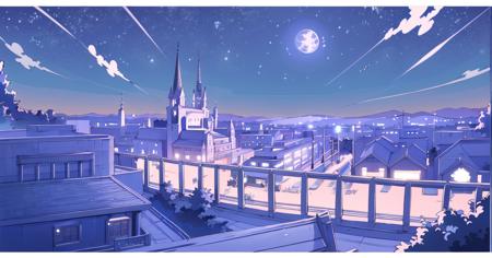 ichigoameeee,loli girl moon night light lake glass,starry sky,clusters of stars,Isekai cityscape,church,