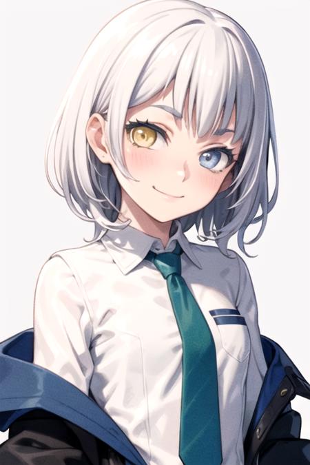 <lora:KanameRana-04:0.7> ,ranamygo, 1girl, solo, looking at viewer, blush, short hair, shirt, white hair, long sleeves, closed mouth, school uniform, jacket, white shirt, upper body, grey hair, necktie, striped, collared shirt, background, blazer, grey jacket, striped necktie, green necktie, diagonal-striped necktie, smile, light smile, yellow eyes, blue eyes, heterochromia,