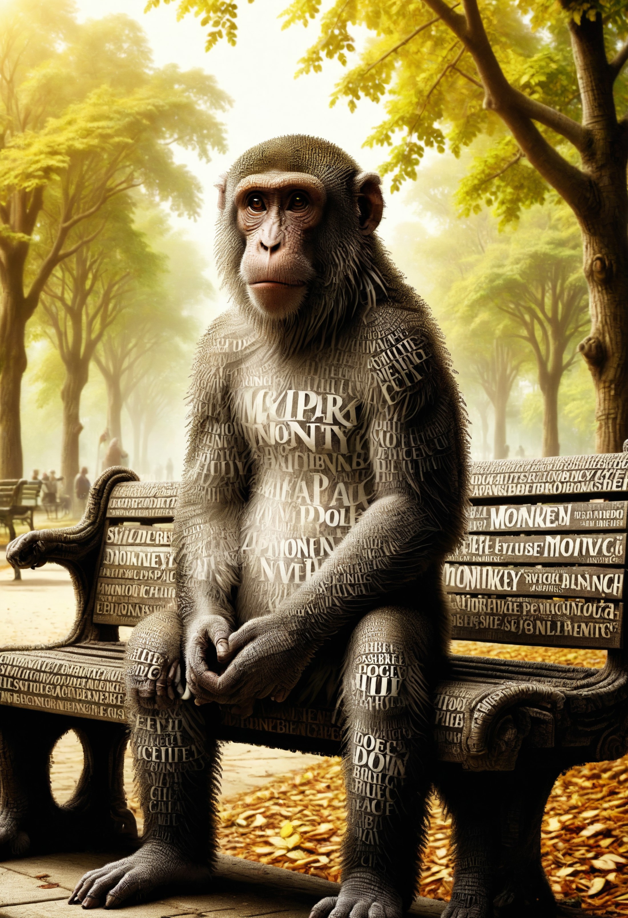 a monkey on a park bench <lora:dvr-txt:1> dvr-txt