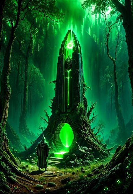 Enter a realm forsaken by the gods, a necrotic wood where the very air reeks of decay and rot. Twisted, gnarled trunks claw at the sanguine sky, their grasping branches like the skeletal fingers of long-dead sorcerers. Mist swirls between the boles, clinging to the earth like a burial shroud.
Shattered monuments to forgotten deities dot the forest floor, their crumbling stones covered in lichen and mold. Bone fragments, bleached white and picked clean, lay scattered among the detritus, mute testimony to unspeakable rites conducted in ages past.
At the heart of this blighted clearing rises a dais of obsidian, polished smooth as if by the touch of a thousand year's worth of worshippers. Upon its altar-top surface, a pulsating organ of indeterminate origin throbs with an eerie, otherworldly beat. Veins of sickly green light race across its surface, converging at a central node that seems to suck the very essence from the surrounding woods.
Before this profane offering kneels a robed figure, cowled and inscrutable.
sci-fi, alien-worlds, eeriness, futuristic, outer-space, science-fiction, alien-themed, extraterrestrial, cosmic, otherworldly, mysterious, 
concept-art, adventure, fantasy, whimsy, dreaminess, digital, illustration, magic, 
beautiful, painterly, textural, artistic, aesthetic, 
intricate details, highly detailed, ultra-detailed, absurdres, vivid, vibrant, volumetric lighting, 
Necron,, electricity, green glow, green theme,, aid291, midjourneyv6.1, ais-particlez