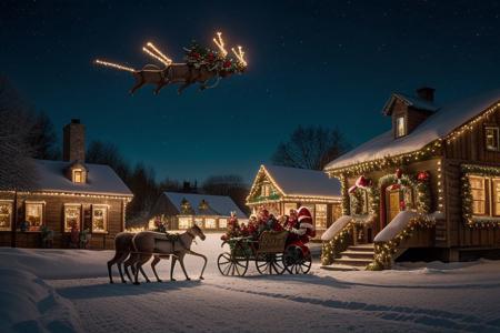 Steampunk style, realistic photo, winter landscape, small village, evening, night time, (santa claus flying++ with sleight over village)++, 12 reindeers in front of sleight, steampunk sleight, focus on sleight, brass machine parts, steam gauges, santa claus sitting in sleight, side view