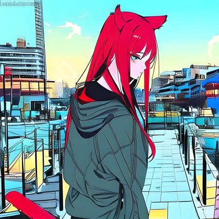 masterpiece, best quality, outdoors, 1girl, solo, vaporwave, looking at viewer, hoodie, hands in pockets,  <lyco:vapor:.8>,  red hair, catgirl