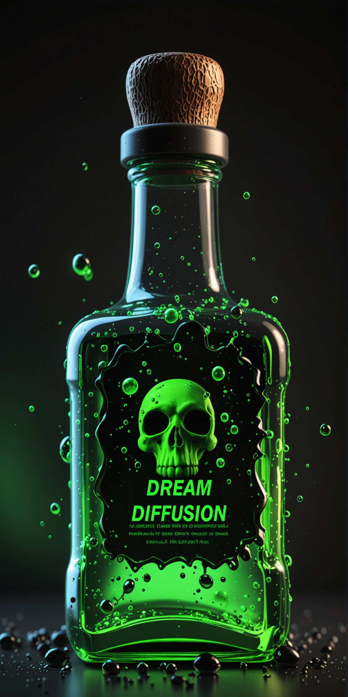 a glowing Neon Green ooze, Radioactive, bubbles inside ,bubbles inside, rectangular potion of poison with intricate black ...