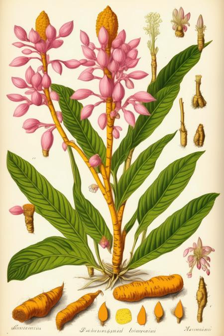 <lora:Century Botanical Illustration:1>Century Botanical Illustration - An encyclopaedia illustration of turmeric plant with pink flowers and distinctive root